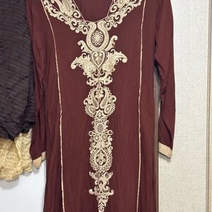 Brown Dress with Intricate Gold Embroidery Anarkali small size Linin cotton
